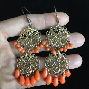 VINTAGE Gold Tone and Orange Beads Boho Dangle Earrings